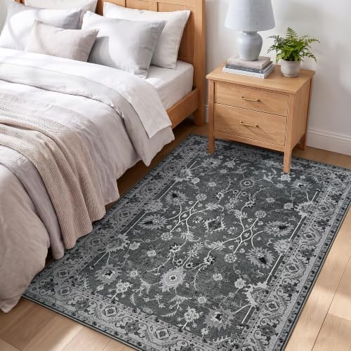 Hanples 3x5 Washable Rugs for Entryway, Vintage Floral Door Mat, Gray