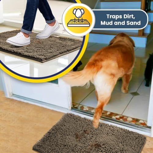 Muddy Mat® | Super Water Absorbent Door Mat Indoor, Microfiber Quick Dry Chenille Entryway Rug, Slip Resistant Front Door Mat, Indoor Mats for Entryway, Machine Washable Pet Rug, Taupe 24" x 120"