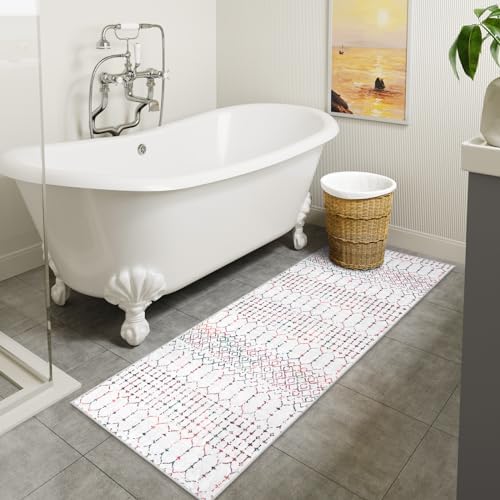 Lahome Moroccan Washable Runner Rug 2x6 Non-Slip Anti-Fatigue Kitchen Rugs and Runners Throw Soft Long Bathroom Runner, Geometric Print Distressed Floor Runners for Entryway Laundry Room Foyer Hana