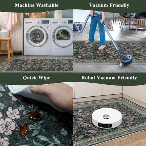 Kitchen Rugs 3 Piece Set, Washable Non-Slip Farmhouse Kitchen Mats for Hardwood Floor, Rustic Floral Boho Runner Rug for Sink,Entryway & Hallway & Bathroom (Dark/Green/Floral,2x3-2x4-2x5)