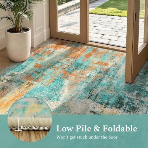 Rugflix 8x10 Area Rugs for Living Room, Washable Large Rug Teal Multi