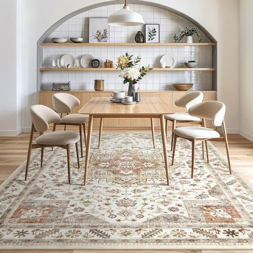 Vintage Living Room Area Rug 8x11 - Large Soft Washable Oriental Traditional Distressed Farmhouse Rugs for Bedroom - Indoor Floor Accent Carpet for Home Office House Decor - Orange