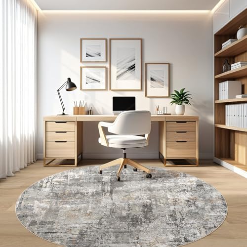 LOONGRUG Round Rug 8x8 Washable Large Neutral Modern Circle Rugs Grey Rust
