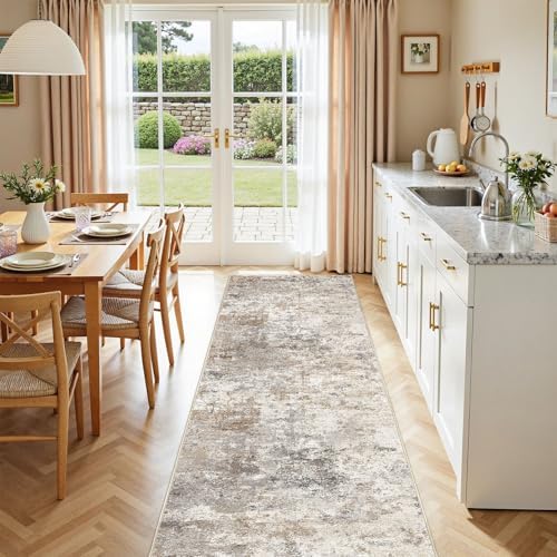 UERMEI 3x10 Washable Runner Rug for Hallway, Non Slip Low Pile Kitchen Carpet, Neutral Modern Abstract Indoor Floor Mat for Entryway Laundry, Kid & Pet Safe High Traffic Area, Brown Grey