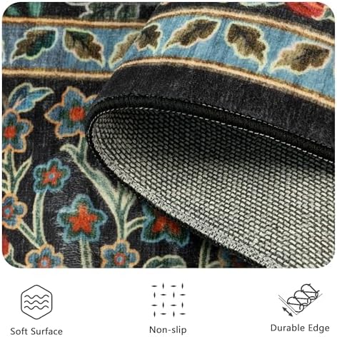 6x9 Area Rugs, Washable Floral Area Rugs for Living Room, Indoor Area Rug for Bedroom, Dining Room, Low Pile Non-Slip Non Shedding Rug(Black Floral)