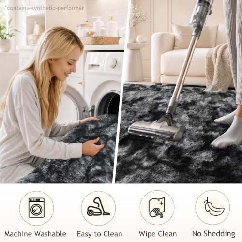 Ophanie Tie-Dyed Black & Grey Area Rugs 8x10 for Bedroom Living Room, Fluffy Shag Fuzzy Carpet, Plush Shaggy Rug, Indoor Carpet for Kids Boys Dorm Home Decor Aesthetic, Nursery with 99 pcs Pile fibers