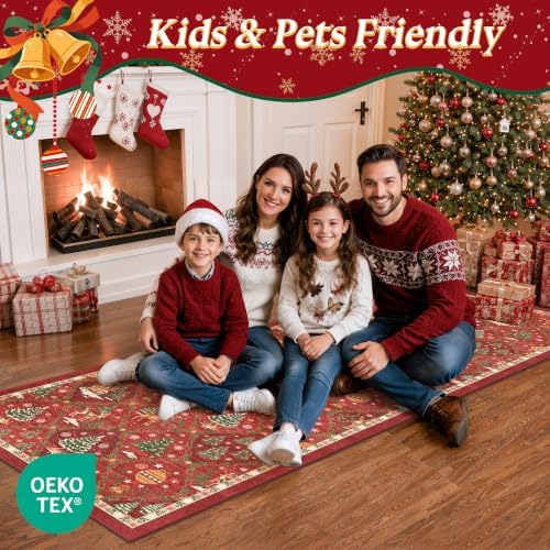 Christmas 2x10 Runner Rugs for Hallway, Red Non Slip Washable Kitchen Rug