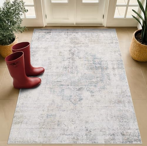 Washable Light Blue Rugs for Entryway Indoor - 3x5 Throw Rug for Large Kitchen, Bedroom Bedside, Bathroom, Mudroom, Modern Abstract Medallion Aqua Décor, Non Slip Low Pile, Distressed Design