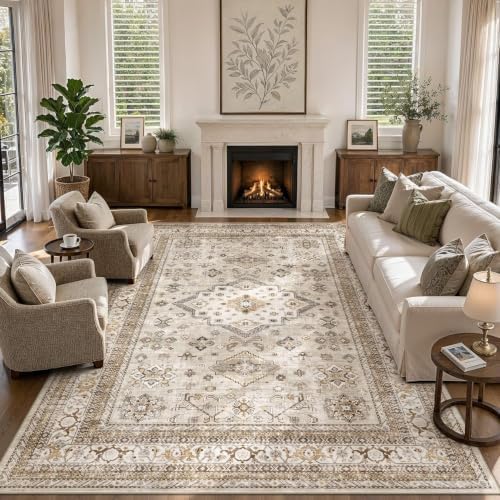 cotiled 5x7 Area Rug for Living Room, Washable, Traditional, Beige
