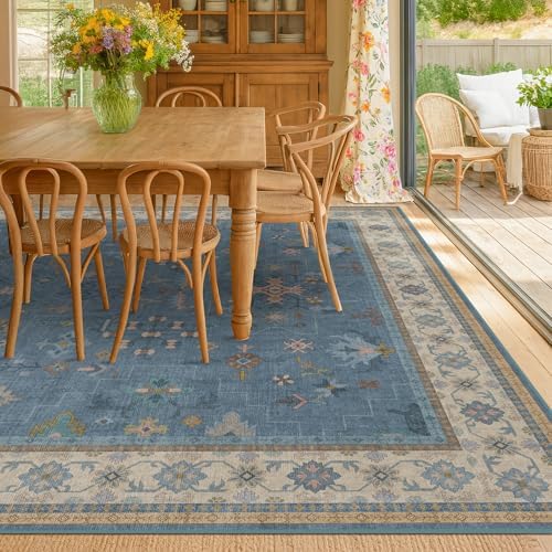 Boho 6x8 Living Room Rugs - Modern Blue Dining Room Rug for Under Table, Lightweight Washable Foldable Low Pile Soft Carpet, Eclectic Floral Bedroom Décor Aesthetic