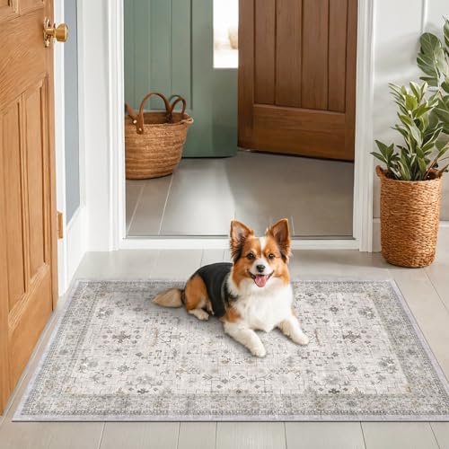 Boho Large 3x4 Bathroom Rug - Washable Low Pile Non-Slip Area Rugs for Entryway, Kitchen, Bedroom Beside Bed, Modern Vintage Neutral Light Gray & Sage Geometric Floral Decor