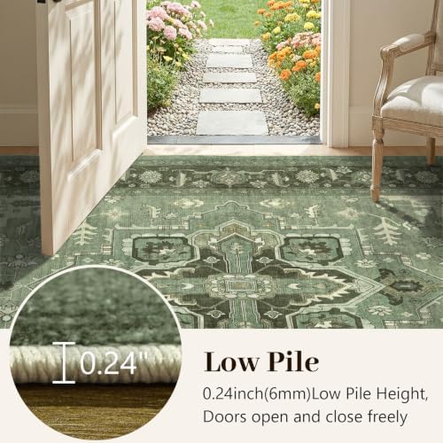 6x9 Ft Large Area Rugs for Living Room, Soft Non-Slip Machine Washable Rug, Vintage Stain Resistant Carpets for Bedroom Nursery Dining Room Home Decor (Green)