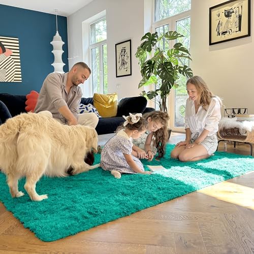 OLANLY 3x5 Machine Washable Small Bedside Rug, Soft Fluffy Shaggy Rugs for Living Room, Bedroom, Indoor Floor Carpet for Kids Girls and Boys, Preppy Dorms, Nursery, Home Decor Aesthetic, Teal Green