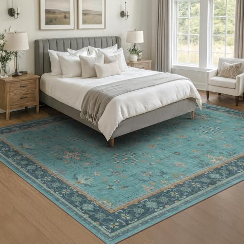 Boho Teal 7x9 Soft Rugs for Living Room, Washable Turquoise Rug for Bedroom Under Bed, Vintage Non Slip Floral Dining Room Carpet, Low Pile Soft Fade Resistant