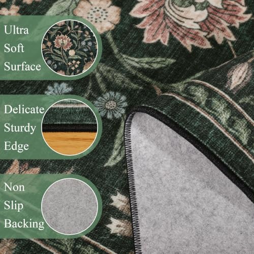 DUKINO 9x12 Area Rug for Living Room Vintage Floral Washable Rug Dark Green