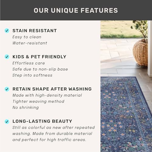 Dark Blue Washable 2x7 Runner Rug Non Slip - Stain Resistant 7ft Long Rug Runners for Bathroom, Kitchen, Entryway, Hallway, Bedroom Bedside - Low Pile Dusky Navy Vintage Floral Décor