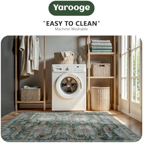 2x6 Hallway Runner Rug, Washable Vintage Retro Long Runner Rugs for Kitchen Laundry, Soft Ultra Thin Non Slip Low Pile Traditional Area Carpet for Bedroom Bathroom Indoor, Green