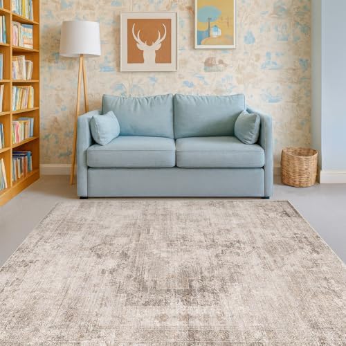 Washable 4x6 Area Rug for Entryway Indoor, Living Room, Kitchen, Bedroom Bedside - Stain-Resistant Non-Slip with Rubber Backing, Unique Floral Aesthetic Décor, Light Brown & Beige, Distressed Design