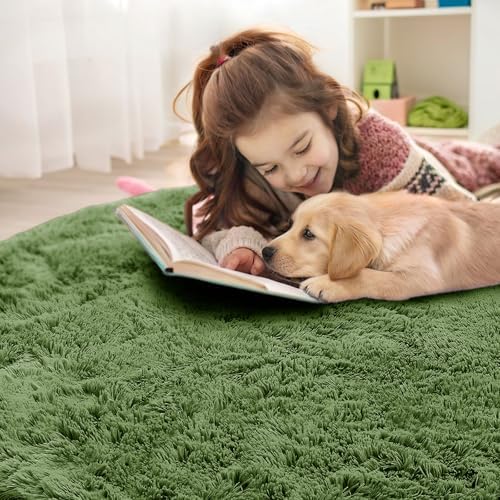 OLANLY Green Round Rugs for Bedroom - Machine Washable, 7 ft Circle Area Rugs for Living Room, Soft and Fluffy Shaggy Carpet for Teen Girl and Boys, Nursery Rooms, Dorms, Home Decor Aesthetic