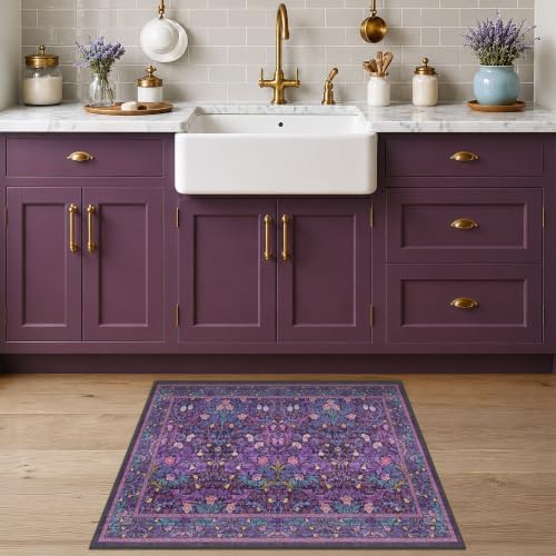 Washable Small Purple Rug 2x3 for Entryway Non Slip, Bohemian Throw Rug for Bathroom, Front Door Indoor, Mudroom, Kitchen, Vintage Plum Floral Décor, Stain & Fade Resistant
