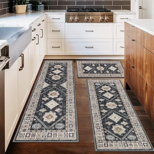 HEBE Boho Kitchen Rugs Set of 3, Non Slip Washable Kitchen Mats for Floor