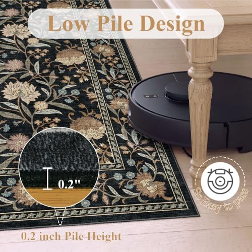 DUKINO 5x8 Area Rug, Vintage Floral Washable Rugs for Living Room, Black
