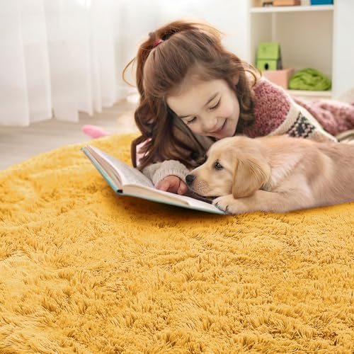 OLANLY Mustard Yellow Round Rugs for Bedroom - Machine Washable, 5 ft Circle Area Rugs for Living Room, Soft and Fluffy Shaggy Carpet for Teen Girl and Boys, Nursery Rooms, Dorms, Home Decor Aesthetic