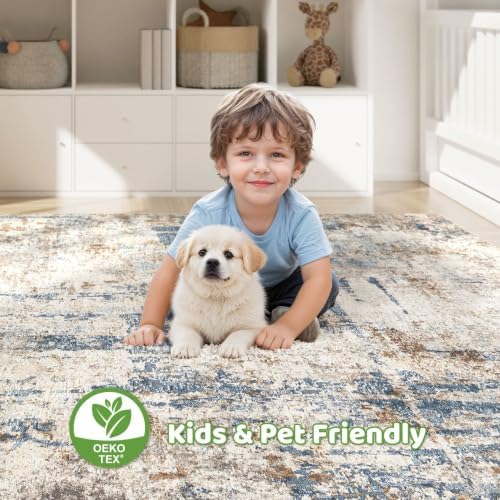 LOONGRUG 4x6 Area Rug Machine Washable Neutral Modern Rugs Blue Tan