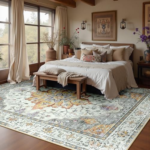 RELEANY Washable Area Rug, 6'x8', Beige/Carbon Grey/Orange
