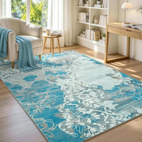 9x12 Washable Non-Slip Area Rug for Living Room (Blue)