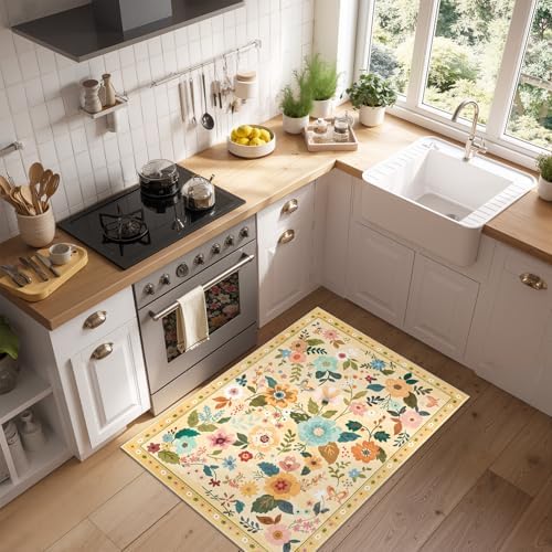 RELEANY Floral Washable 2x3 Area Rugs Doormat Yellow/Orange