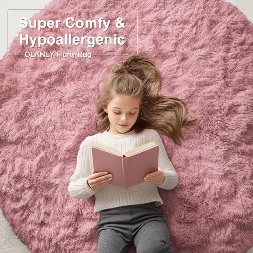 OLANLY Pale Pink Round Rugs for Bedroom - Machine Washable, 5 ft Circle Area Rugs for Living Room, Soft and Fluffy Shaggy Carpet for Teen Girls and Boys, Nursery Rooms, Dorms, Home Decor Aesthetic