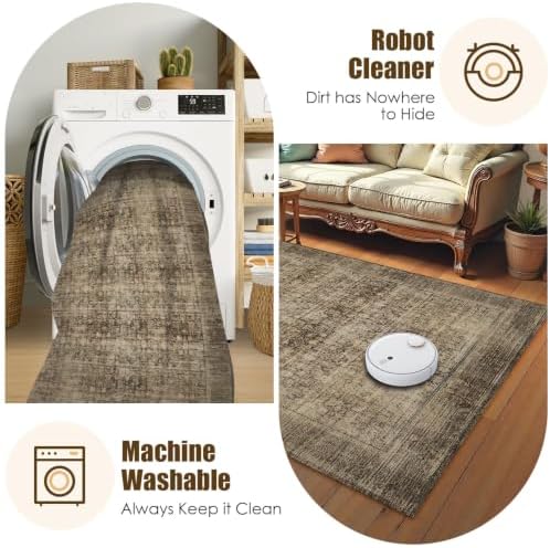Washable Area Rug 4' x 6' Vintage Traditional Persian Mat - Foldable Distressed Non-Slip Machine Washable Carpet for Living Room Bedroom Kitchen Home Decor - Mocha and Taupe