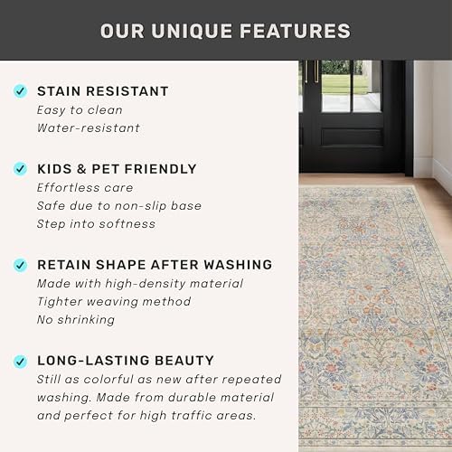 Washable 3x20 Wide Hallway Runner Rug - Beige Blue Ultra Soft Extra Long Runner Non Slip, Low Pile Stain Resistant Boho Pastel Rug for Large Kitchen, Entryway