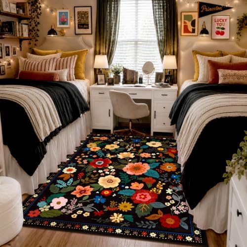 RELEANY Floral Washable 3x5 Area Rugs Black