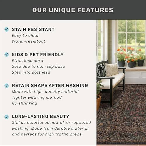 Vintage Washable Dark Brown Rugs for Living Room, 8x10 Area Rugs for Dining Room Under Table, Bedroom, Black Brown Deep Olive Taupe Espresso Accent Floral Carpet Non-Slip, Low Pile Stain Resistant