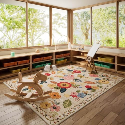 10x12 Area Rugs for Living Room: Large Washable Rug Non Slip Low Pile Soft Faux Wool Non Shedding Lightweight Distressed Vintage Floral Carpet for Bedroom Dining Room Kids Playroom Nursery Farmhouse