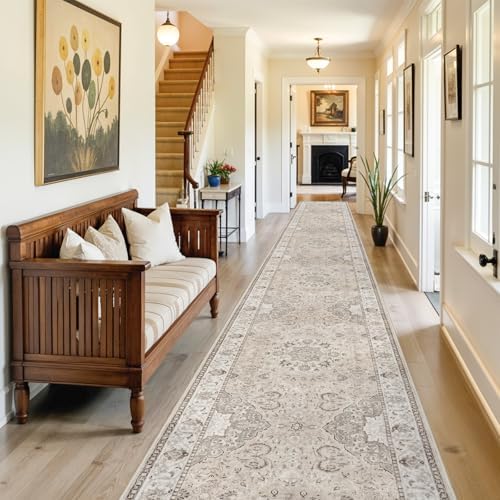 Hallway Washable Runner Rug - 3x16 Kitchen Rugs Entryway Rug Runner Vintage Soft Floor Mat Non Slip Indoor Farmhouse Carpet for Bathroom Living Room Bedroom (3 X 16, Beige)