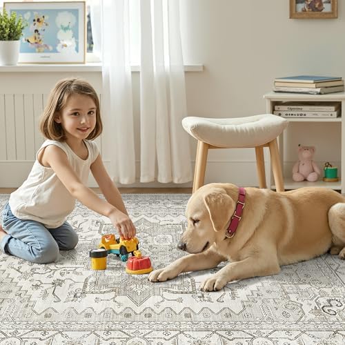 Washable Area Rugs for Living Room 9x12 Neutral Floral Large Soft Rug Beige