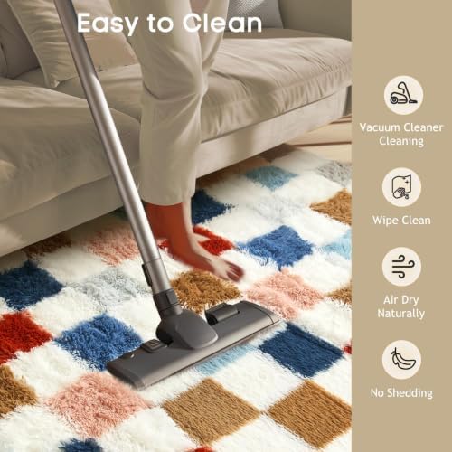 Ophanie Checkered Rainbow Rug for Living Room Bedroom,Colorful Fluffy Soft Cute Fuzzy Area Rugs,Shag Plush Shaggy Bedside Floor 8x10 Furry Carpet for Kids Teen Dorm Decor with Over 99 pcs Pile fibers