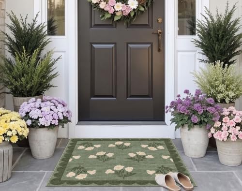 3x3 Square Entryway Rug - Non-Slip Washable Front Door Mat Indoor Outside Entrance Small Porch Rug Sage Green Cottage Scalloped Throw Rugs for Entryway Kitchen Bedroom Office Front Porch Decor