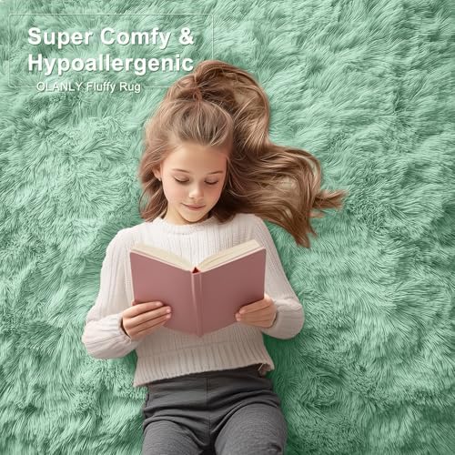 OLANLY 2x3 Machine Washable Small Bedside Rug, Soft Fluffy Shaggy Entryway Throw Rugs for Bedroom, Living Room, Indoor Floor Carpet for Kids Girls Boy, Nursery Rooms, Home Decor Aesthetic, Mint Green