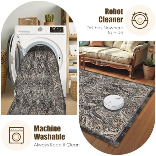 Washable Area Rug 6' x 9' Vintage Traditional Persian Mat - Foldable Distressed Non-Slip Machine Washable Carpet for Living Room Bedroom Kitchen Home Decor - Ebony and Taupe
