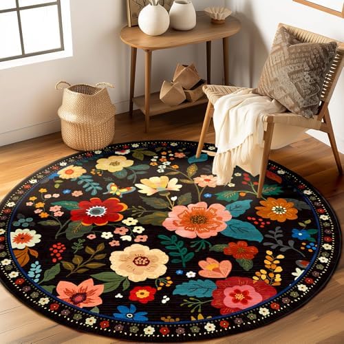 RELEANY Floral Washable Round 8ft Area Rug Black
