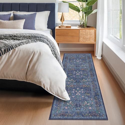 Hazo Haus Non Slip 2x6 Dark Blue Kitchen Runner Rug - Long Runner Rugs 24 x 72 Washable Hallway Floor Mat, Bedroom Laundry Room Bathroom Runner - Dusky Navy Vintage Floral Design Décor