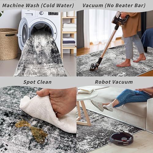 3x6 Non-Slip Washable Kitchen Rug - Soft Wide Indoor Carpet Runners for Entryway, Hallway, Bathroom with Rubber Backing, Modern Distressed Low-Pile Thin Floor Runner (Black Grey,3x6)