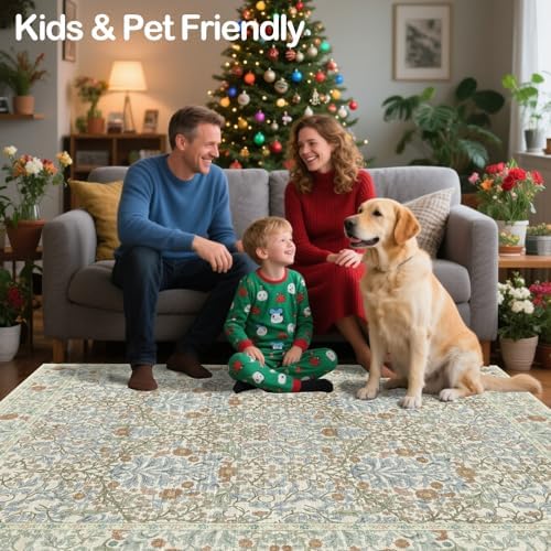 8x10 Washable Area Rugs for Living Room Soft Carpet (Beige Blue)