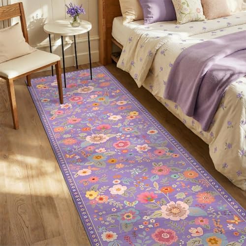 Floral Washable 2x10 Area Rugs Runner Entryway Hallway Purple/Pink
