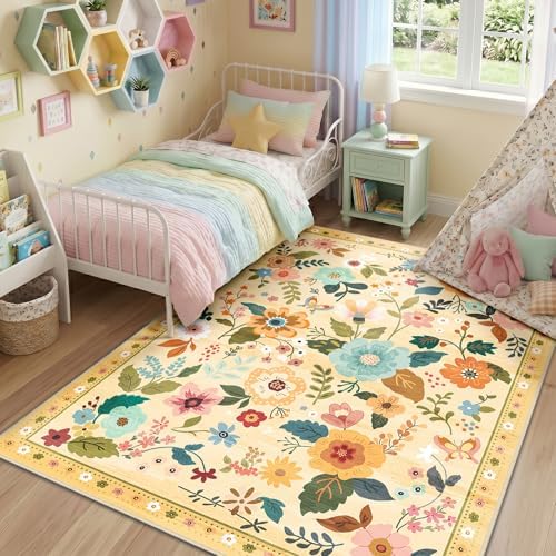 RELEANY Floral Washable 3x5 Area Rugs Yellow/Orange