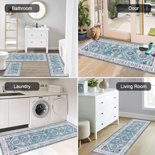 HEBE Boho Kitchen Rugs Set of 3, Non Slip Washable Kitchen Mats for Floor